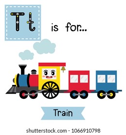 Letter T cute children colorful transportations ABC alphabet tracing flashcard of Train for kids learning English vocabulary Vector Illustration.