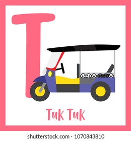 Letter T cute children colorful transportations ABC alphabet flashcard of Tuk Tuk for kids learning English vocabulary Vector Illustration.