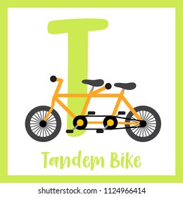 Letter T Cute Children Colorful Transportations ABC Alphabet Flashcard Of Tandem Bike For Kids Learning English Vocabulary Vector Illustration.