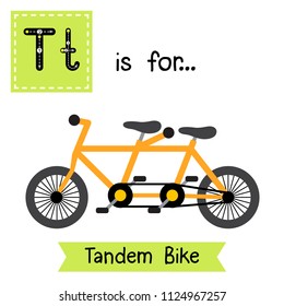 Letter T Cute Children Colorful Transportations ABC Alphabet Tracing Flashcard Of Tandem Bike For Kids Learning English Vocabulary Vector Illustration.