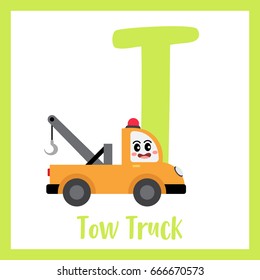 Letter T cute children colorful transportations ABC alphabet flashcard of Tow Truck for kids learning English vocabulary Vector Illustration.