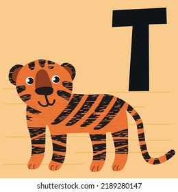 Letter T cute orange tiger 