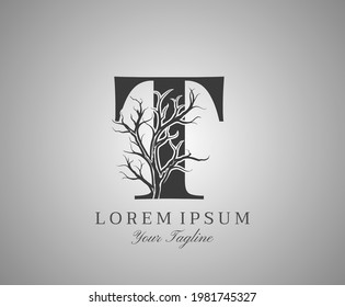 Letter T With Dead Tree Design Logo Icon. Creative Alphabetical Creepy Dry Tree Brach Nature Logo Template.
