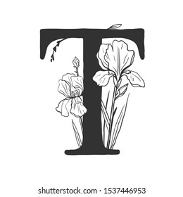 Letter T decorated with iris flowers. Botanical vector nonogram isolated on white. Elegant floral logo. 