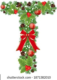 Letter T with decoration for Christmas design and New Year with spruce tree and holly red berries. Creative initial T letter vector. Creative Design vector Font for Title, Header, Lettering, Logo