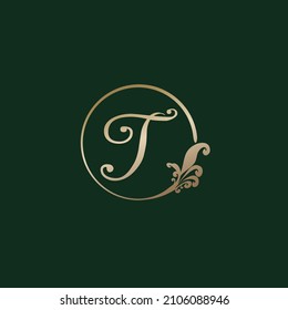 Letter T Decorative Alphabet Logo isolated on green Background. Luxury gold ring Initial Abjad Logo Design Template. Elegant Curl Floral Logo Concept. EPS 10 File Project