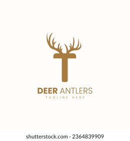 Letter T with Deer Antlers Logo Vector Image. Hunting Logo Inspirations