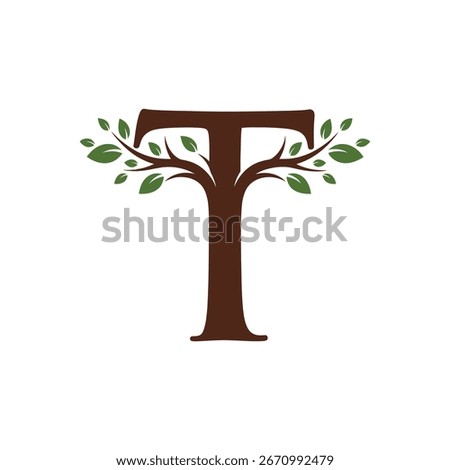 The letter T is designed to resemble a tree, with branches and leaves, symbolizing growth and nature.