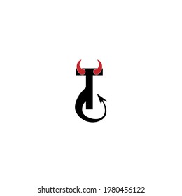 Letter T with devil's horns and tail icon logo design vector template