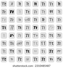 Letter T in different fonts on white background. Type design collection on grey buttons. Vector illustration.
