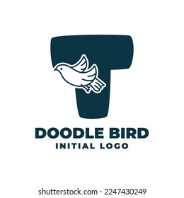 letter T doodle bird initial vector logo design illustration