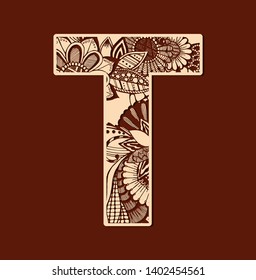 Letter T from doodles. Initial monogram letter. Fancy floral stylized. Floral wooden T letter font. Laser cut template. Filigree cutout pattern. Vector illustration.