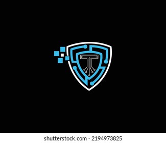 Diseño del logotipo de la tecnología de conexión de punto T en un Escudo tecnológico. Icono de letra profesional de estilo de línea.