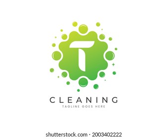 Letra T con puntos y burbujas. Plantilla de diseño de logotipo de limpieza