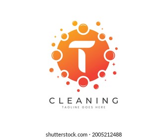 Letra T con puntos y burbujas. Plantilla de diseño de logotipo de limpieza