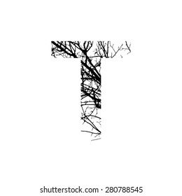 Letter T double exposure with black tree isolated on white background.Vector  illustration.Black and white double exposure silhouette numbers combined with photograph of nature.Letters of the alphabet