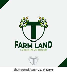 letter T eco green leaf logo, farm logo vector vintage icon, flat farm logo, green nature icon