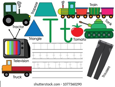 Letter T. Education for children. Learning English alphabet with writing practice. Vector illustration.