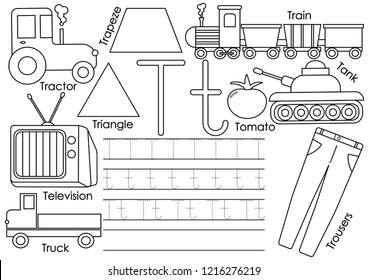 Letter T. Education for children. Learning English alphabet with writing practice. Coloring book. Vector illustration.