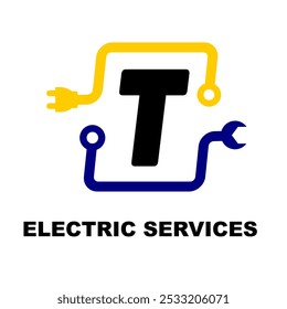 Carta T Projeto do logotipo de serviços elétricos. Identidade de marca elétrica com azul e amarelo tema cor vetor. Logotipo moderno para Ilustração de vetor de negócios