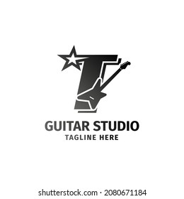 letter T electric guitar and star decoration vector logo design element