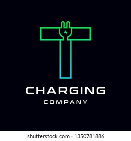 Letter T Electric Plug vector logo template. Font with green and blue gradient graphic.  Technology background. This alphabet is suitable for energy, power, cable, wire, electrical, device, connect.
