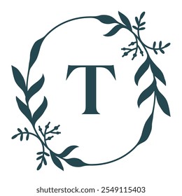 Letter T In Elegant Floral Oval Frame. Leafy Christmas Wreath. Vector  Illustration Isolated On White Background.