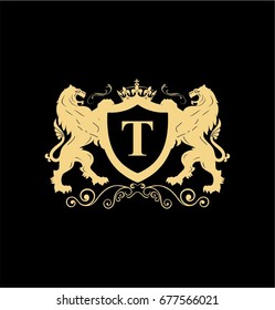 Letter T Elegant logo with two lions and shield vector design. Coat of arms