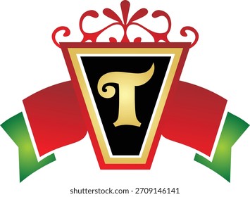 Letter t in elegant shield design with red banner in vector