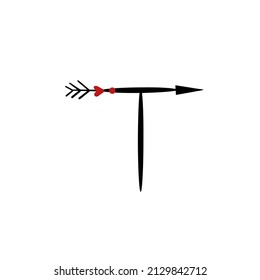 Letter T of English. Latin alphabet letter decorated with hearts and arrows vector illustration. Kids flat alphabet vector set - Love spring font - letters.