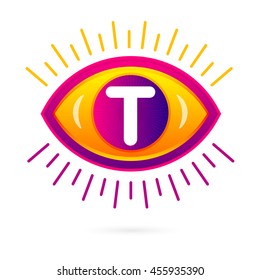 Letter T with eye icon on white. Vector eye care logo template.