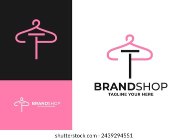 Letter T fashion logo, Hanging letter T logo vector, minimalist boutique logo design illustration. Initial capital T letter Elegant hanger icon