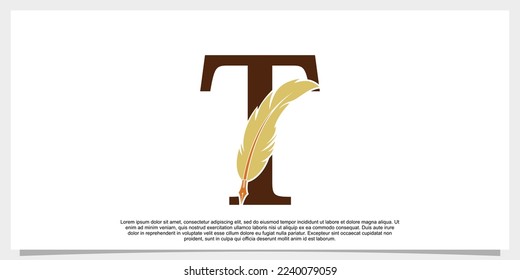 letter t feather logo design with feather pen icon concept