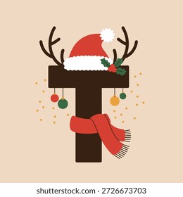 Letter T festliche Initiale, brauner Holzbuchstabe, Weihnachtsmütze, Schal, Geweih, Glitzer Konfetti, Frohe Weihnachten Vektor