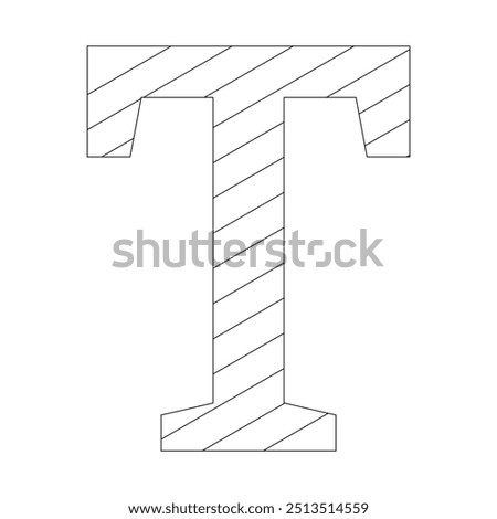 Letter T filled with diagonal stripes running from the top left to the bottom right corner. Kindergarten letter worksheets, coloring the letter T, with various colors as you wish.