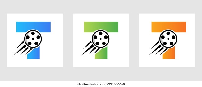 Letter T Film Logo Concept With Film Reel For Media Sign, Movie Director Symbol