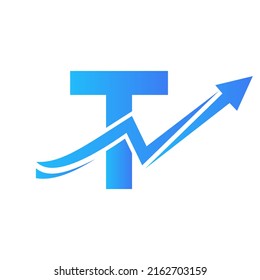 Letter T Financial Logo With Growth Arrow. Economy Logo Sign On Alphabet T Vector Template