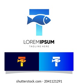 Ilustración de Emblema gráfico de diseño de logotipo de pescado de la letra T