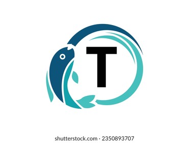 Letter T Fish Logo design. Water Animal icon. Font emblem. Modern vector logotype for business and company identity.