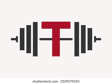 Letter T Fitness Logo Design. Gym And Fitness Club Symbol With Barbell Icon Template