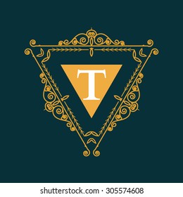The letter T. Flourishes calligraphic monogram emblem template. Luxury elegant frame ornament line logo design vector illustration. 