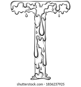 Letra T con gotas de flujo y goo splash. Símbolo líquido goteo. Tipo de letra vectorial a la moda hecho con estilo de arte de línea dibujado a mano aislado en fondo blanco. Logo de Slime o letra inicial.