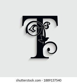 letter T flower  ornament. Vector logo. Monogram alphabet. Beautiful floral capital letters
