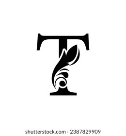 ornamento floral de la letra T. Logo del vector. Alfabeto monograma. Hermosas letras florales de mayúsculas
