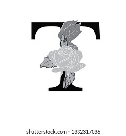 Letter T with flowers. The composition of flowers and letters. Latin letter in monochrome retro style. Stylish decorative composition for a logo, signboard, banner, print.
