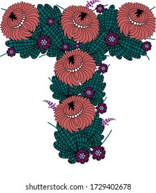 Letra T con flores, vector. Fuente de flores para el logotipo, tipografía, impresión.