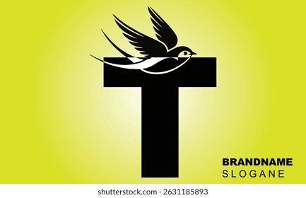 Letter T Flying Bird Logo Template Vector Sign. Dove Bird Logo on Letter B Concept