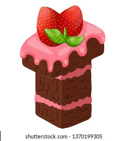 Letter T in the form of a chocolate cake with pink cream, strawberries, mint, tasty letter isolated on a white background, stock vector illustration, for food and decor, print, sticker, 3D