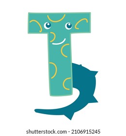 The letter T in the form of a dinosaur. A stylized element for children.