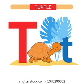 Letter T and funny cartoon turtle. 
Animals alphabet a-z. Cute zoo alphabet in vector for kids learning English vocabulary. Printable sheet.